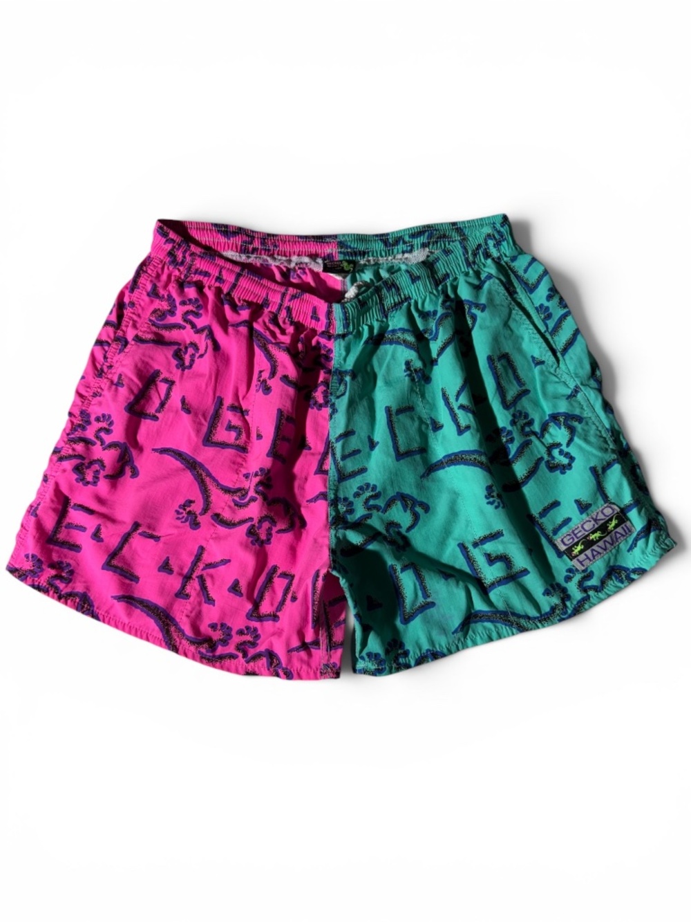 Vintage Gecko Hawaii Colorblock Swim Trunks Pink & Teal Gecko Print Size XL